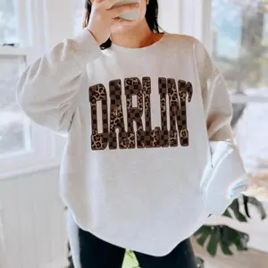 Retro Western Checkered Leopard Sweatshirt, Darlin Country Distressed Cowboy Tee, western clothing, western tops, western outfits women, western cowgirl stuff, punchy western wear, country girl stuff clothing, women's graphic tees, sweatshirts for women