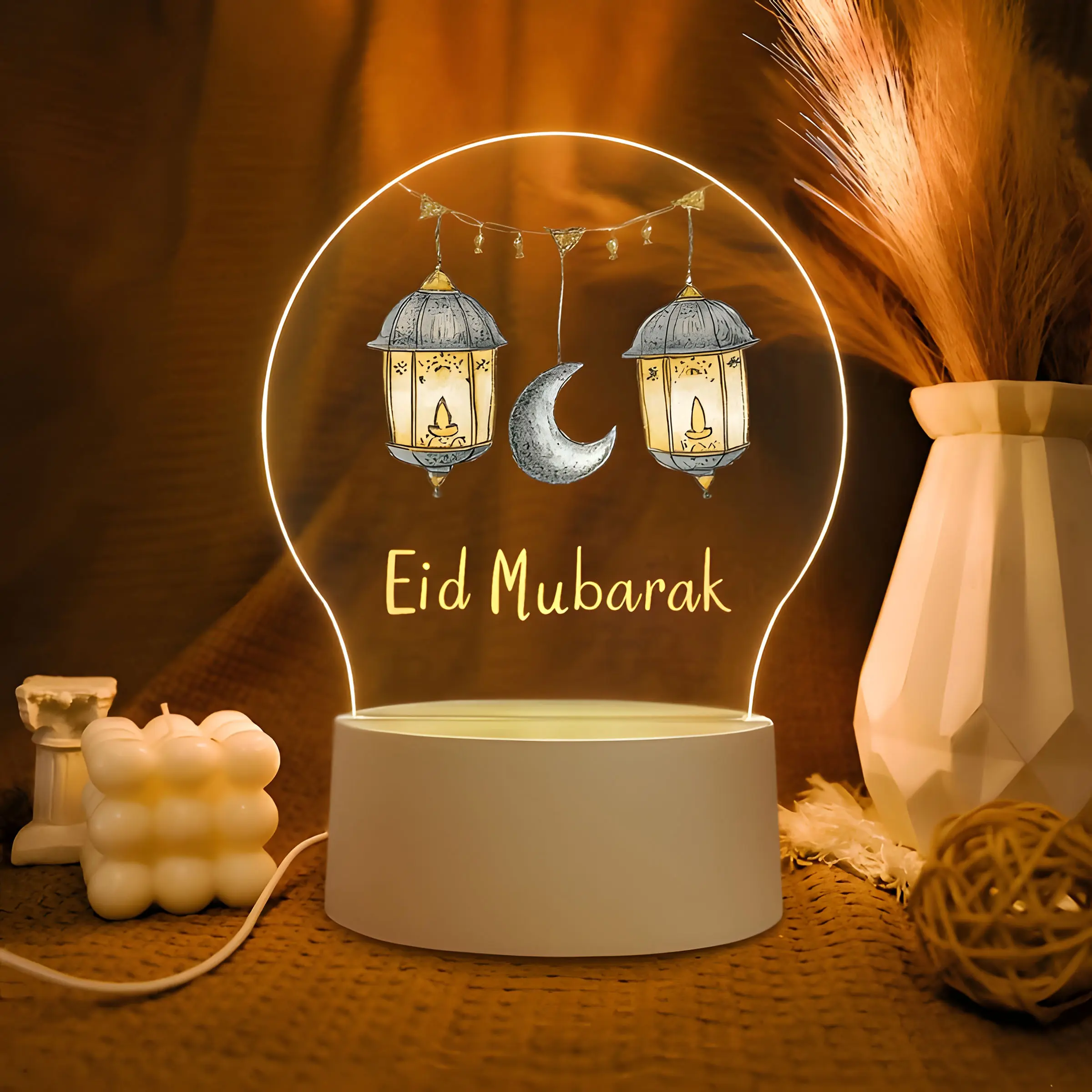 Acrylic Ramadan Decoration Lamp, LED Table Light with Base, Islamic Design, Muslim Ramadan Party Decor, Holiday Gift, Multi-Functional Home Office Hotel