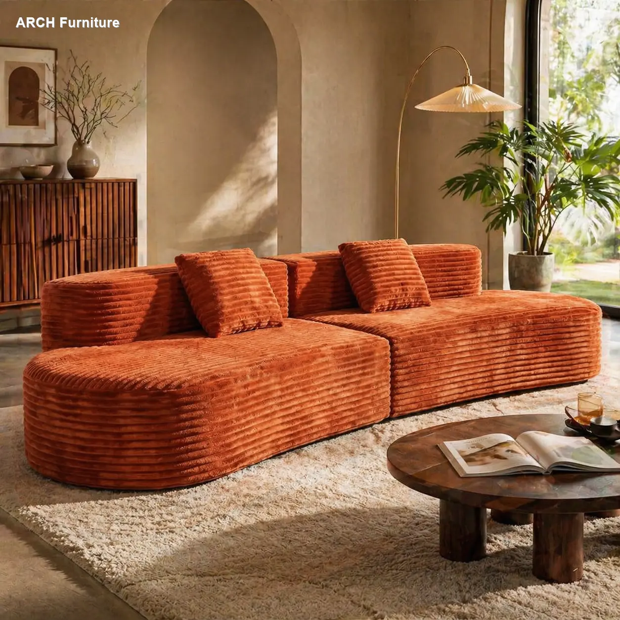 108.6 Inch Curved Combination Sofa with Modern Cloud Pattern Design, Frameless Compression Technology, Includes Two Pillows, Ideal for Living Room or Office, Large Sectional Couch, No Frame Needed, 108.6in, Sofa Couch Seating Furniture