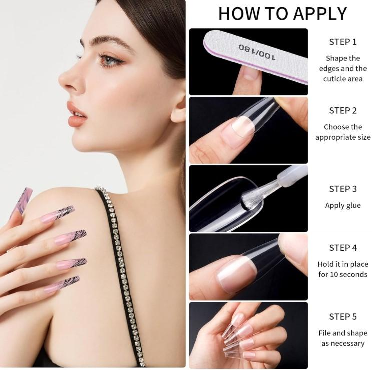 600 Pcs Clear Coffin Nail Tips, Acrylic Nail Kit, Clear Press On Nails, Long Fake Nails Coffin Nail Tips Full Cover, Acrylic Nail Clipper Nail Stand for Nail Extensions