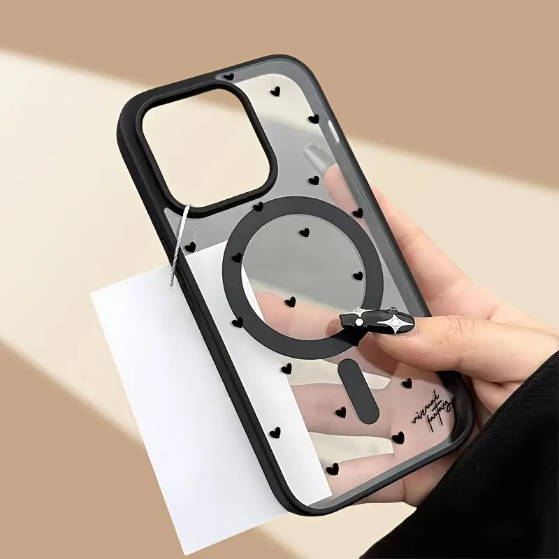 Matte Magnetic Smartphone Cellphone Case - Skin-Friendly Black Tiny Heart Pattern, Shockproof Protective Cover for iPhone Samsung Devices, Automatic Wireless Charging Support, Ideal Christmas New Year Gift for Friends, Crystal, Casing