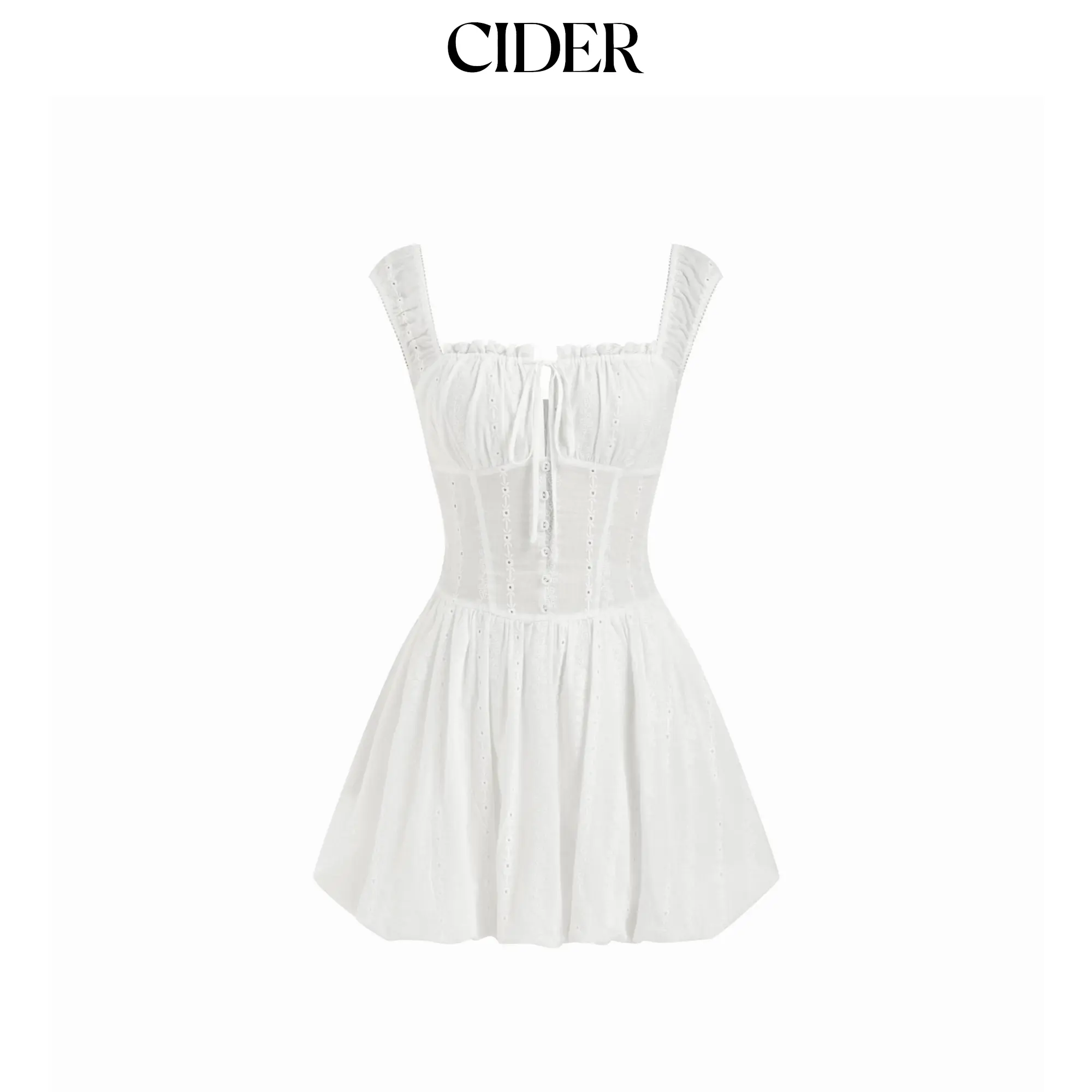 Cider Cotton-blend Sculptural Broderie Anglaise Tie Front Bubble Hem Shirred Mini Dress