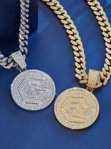Hip Hop Round Geometry Pendant Necklace, Sparkling Bling Cubic Cuban Link Chain Jewelry for Men Women, Punk Style Rapper Party Accessory Gift, Exquisite Chain Jewelry