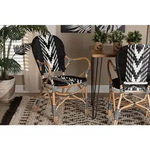 Wallis Modern French Two-Tone Black and White Weaving and Natural Rattan Indoor Dining Chair