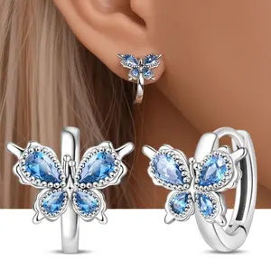 925 Sterling Silver Enamel Blue Butterfly Hoop Earrings For Women Gifts