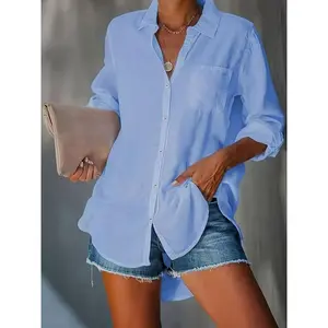 New women’s solid-color casual loose button-front shirt, fashionable long-sleeved top, suitable for everyday wear, perfect for spring and autumn GARMENTARY