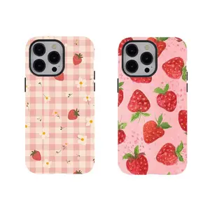 [No magnetic]  Strawberry Gingham Phone Case,Aesthetic Dual-Layer design durable phone Cover,Pink Floral & Fruit Print for iPhone 17 16 15 14 13 12 11 8 7 for Samsung Series,Shockproof Protective hard Cover,perfect gift for her