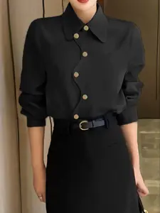 Women's Plain Button Shirt Blouse, Casual Long Sleeve Top for Daily Wear, Ladies Clothes for All Seasons, Chic Womenswear