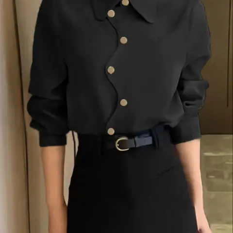Women's Plain Button Shirt Blouse, Casual Long Sleeve Top for Daily Wear, Ladies Clothes for All Seasons, Chic Womenswear