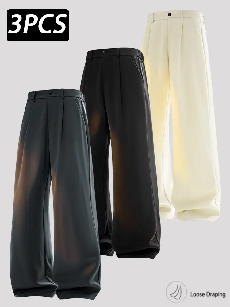 Men’s Wide Leg Pants, 1/2/3 Pack, Relaxed Loose Fit Trousers with Elastic Waist, Button Closure and Belt Loops, Smooth Draping Casual Streetwear Pants for Daily Wear, Office, Travel, Weekend Outfits, Black, Khaki, Gray and Ivory, Modern Men’s Fashion Wear