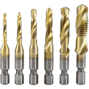 6PCS M3-M10 Drill Tap Bit Set, Titanium Plated HSS Combination Tap Drill Bits with 1/4" Hex Shank, One-Step Drilling, Tapping & Deburring Tool for Metal, Wood, Plastic