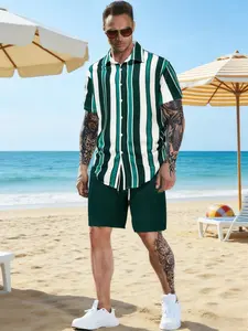 Men's Plus Size Striped Beach Casual Set, Shirt Shorts Two-Piece, Fashionable Summer, Comfortable Holiday Wear
