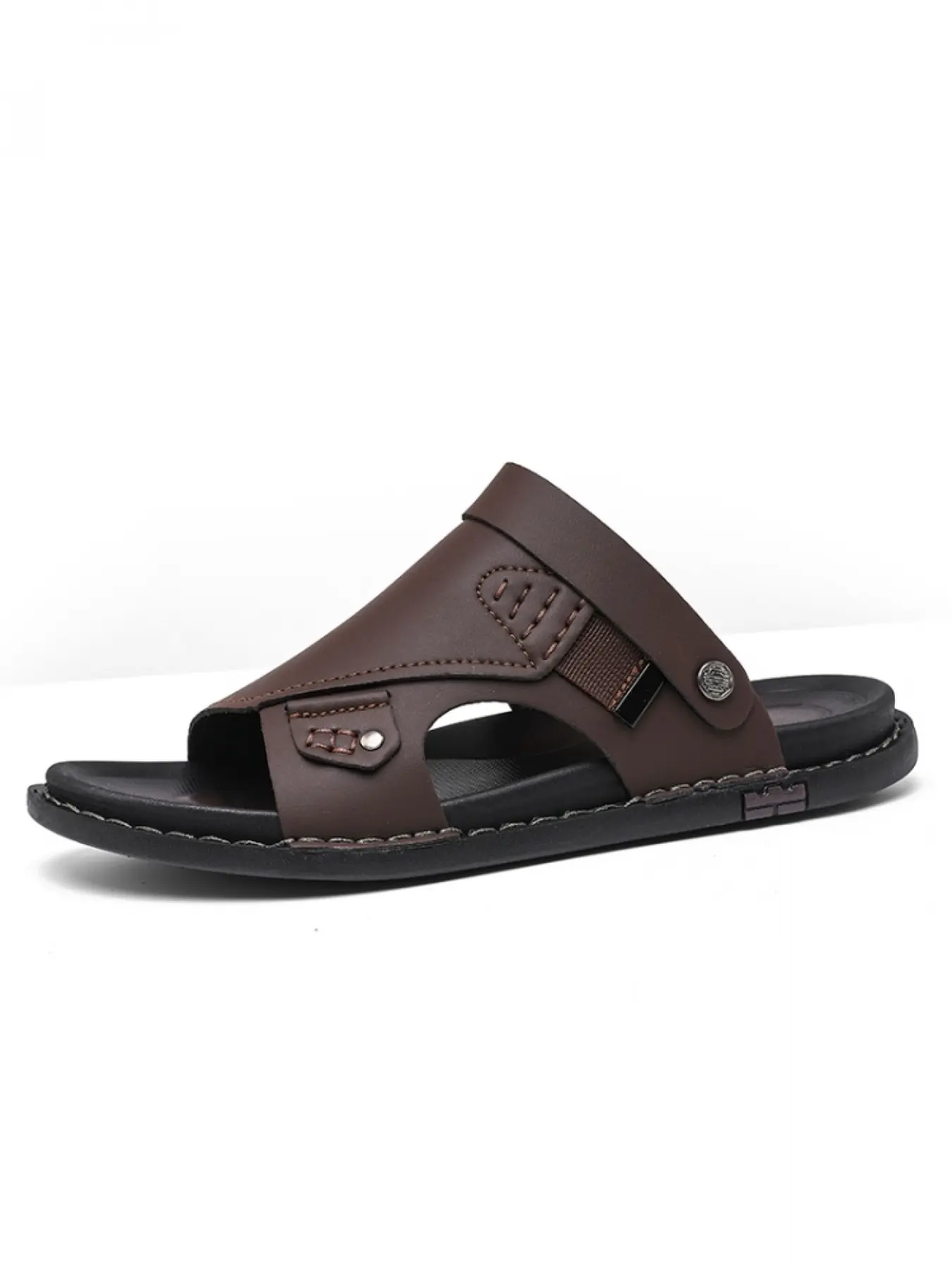 Men's Black Faux Leather Hollow Stitch Professional Slides, Breathable Hollow Upper, Anti-Slip Wear-Resistant Hand-Stitched Outsole, Shock-Absorbing Foot-Friendly For Long Wearing, Ideal for Daily Outing, Beach Walking, Business Casual