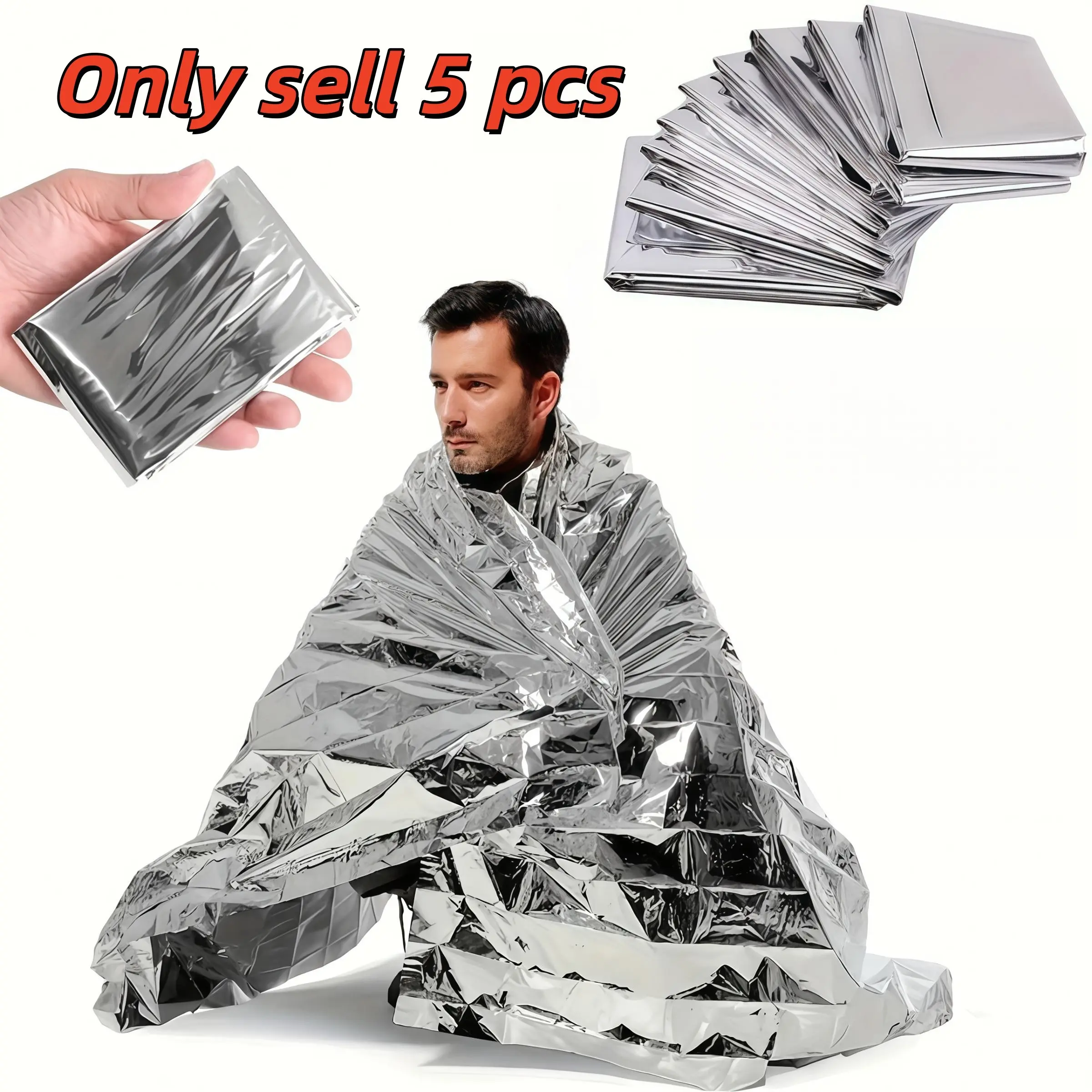 Emergency Use Polyester Film Insulation Blanket Set, 5-Piece Outdoor Survival Gear, 52x82 Inches, Ideal for Camping & Adventure, Emergency Survival Supplies