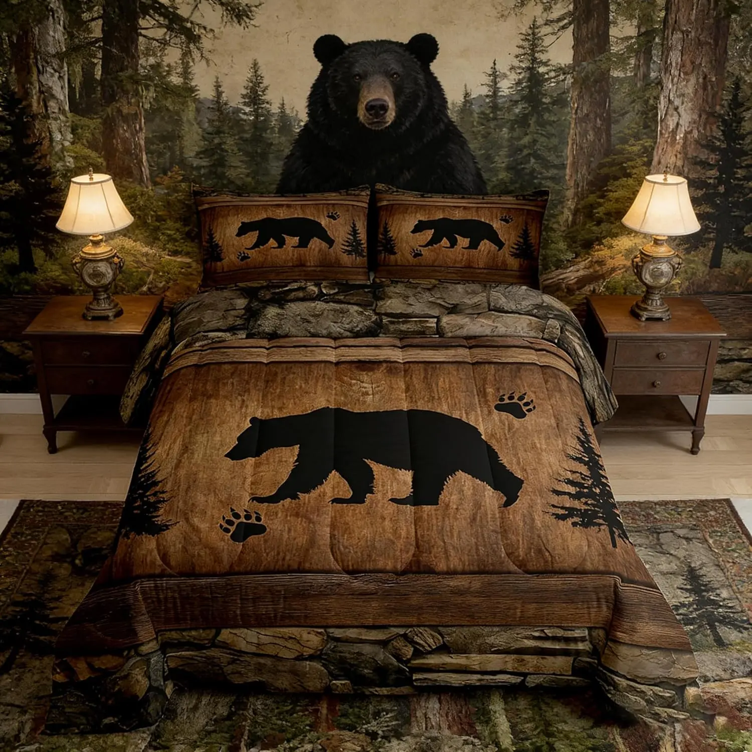 Rustic Bear Comforter Set Wildlife Hunting Theme Quilt Set Wild Animal Bedding Set for Kids Boys Teens Room Decor Wooden Board Duvet Insert
