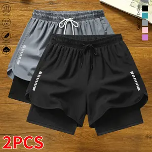 Set of 2 women’s casual athletic shorts with striped print, built-in lining, drawstring, and elastic waistband — suitable for workouts, running, and casual wear; lightweight summer shorts, women’s clothing, summer womenswear, summer apparel,summervibes