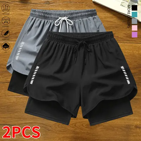 Women's 2-Pack Polyester Active Striped Casual Shorts with Built-in Lining, Lightweight Drawstring Elastic Waistband - Plain Normal Type Summer Bottoms, Shorts for Women, Gym Clothes for Workouts, Running