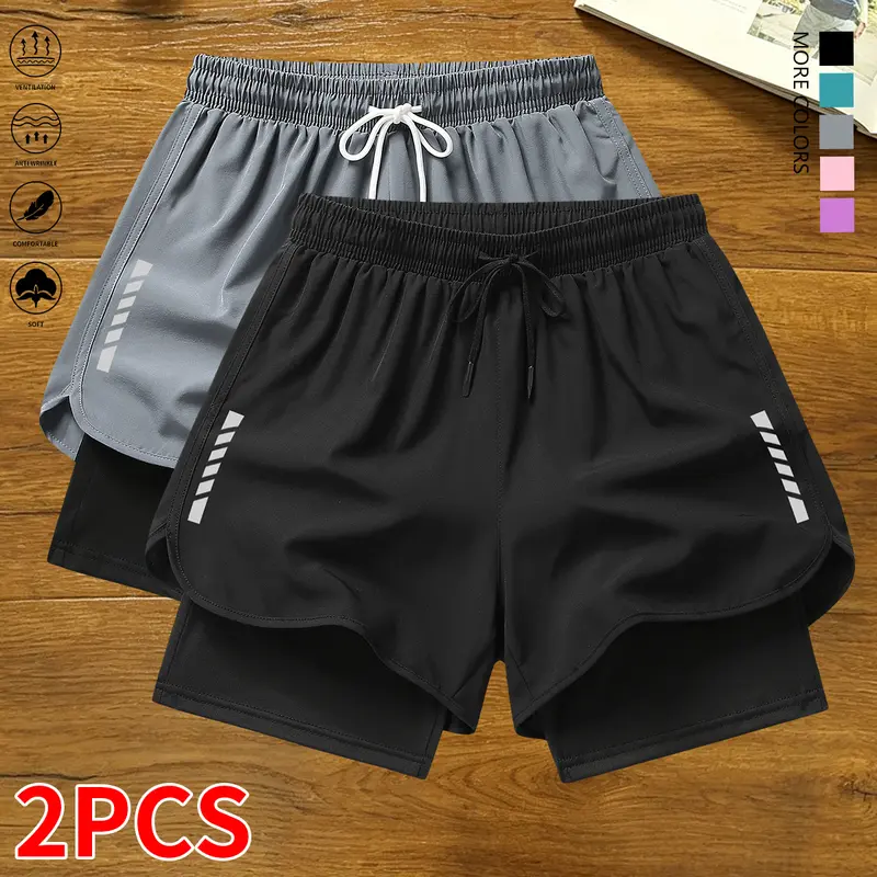 Women's 2-Pack Polyester Active Striped Casual Shorts with Built-in Lining, Lightweight Drawstring Elastic Waistband - Plain Normal Type Summer Bottoms, Shorts for Women, Gym Clothes for Workouts, Running