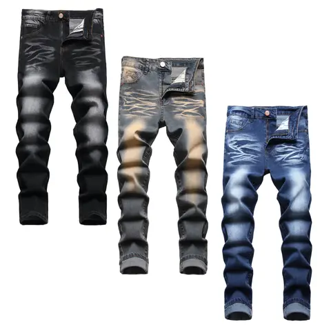 JUNBAOSS Men's 3-Pack Slim Fit Elastic Jeans Tear Tight Jeans, Straight Tube Fashionable Casual Trendy Chic Comfortable Elastic Waist Denim Pants, Men's Classic Street Style Cotton Fabric Jeans, Natural Hip-Hop Style Personalized Fashion Jeans SpringState