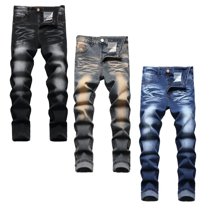 JUNBAOSS Men's 3-Pack Slim Fit Elastic Jeans Tear Tight Jeans, Straight Tube Fashionable Casual Trendy Chic Comfortable Elastic Waist Denim Pants, Men's Classic Street Style Cotton Fabric Jeans, Natural Hip-Hop Style Personalized Fashion Jeans SpringState