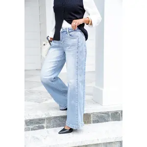 Risen Mid Rise Medium Wash Wide Leg Jeans with Leg Snap For Barrel Fit