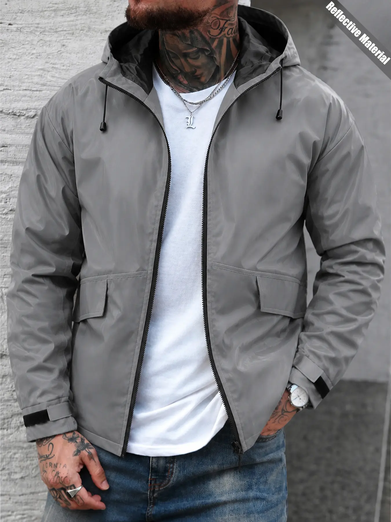 Reflective Hooded Jacket for Night City Walking  Drawstring Hood Flap Pockets High Visibility Streetwear Windbreaker