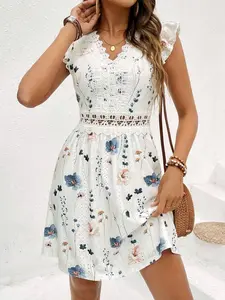 Ladies' Textured White Printed Lace Dress with Flounce Cap Sleeves V Neck Boho Style Summer Dress for Date Night Wedding Back To School Teacher Clothing - Fabric