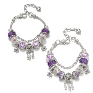Women's Purple Crystal Dreamcatcher Charm Bracelet - Silver-Plated Snake Chain, CZ Beads, Boho Costume Fashion Accessory