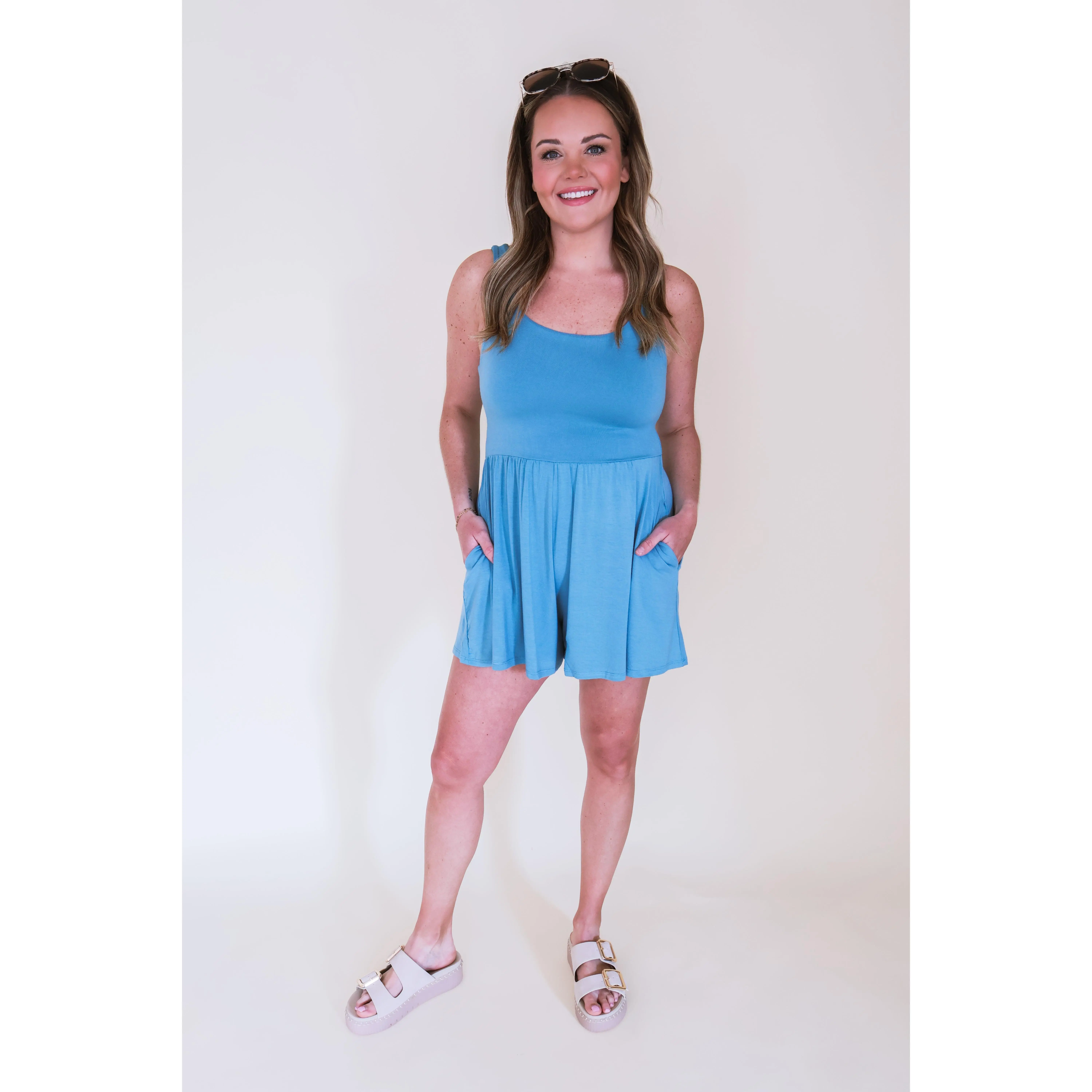 Double Layered Tank Romper - Dusty Teal