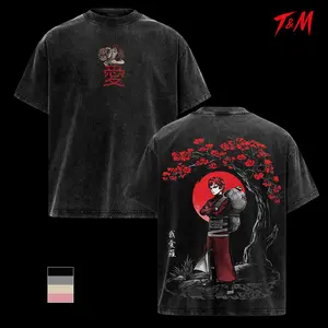 Gaara of the Sand Shirt, Japanese Cherry Blossom Anime Tee, Double Printed Vintage Washed Oversize T Shirt, Heavy Cotton Manga Streetwear, Unisex Retro Graphic Top, Anime Gift