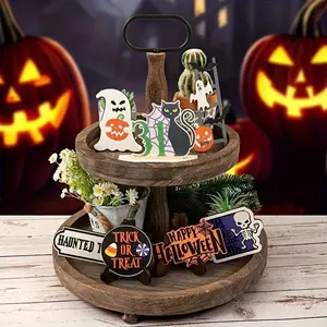 Halloween Themed Tiered Tray Decoration, 8 Counts/set Skull & Pumpkin & Ghost & Sign Ornament, Desktop Decoration for Home Living Room Farmhouse