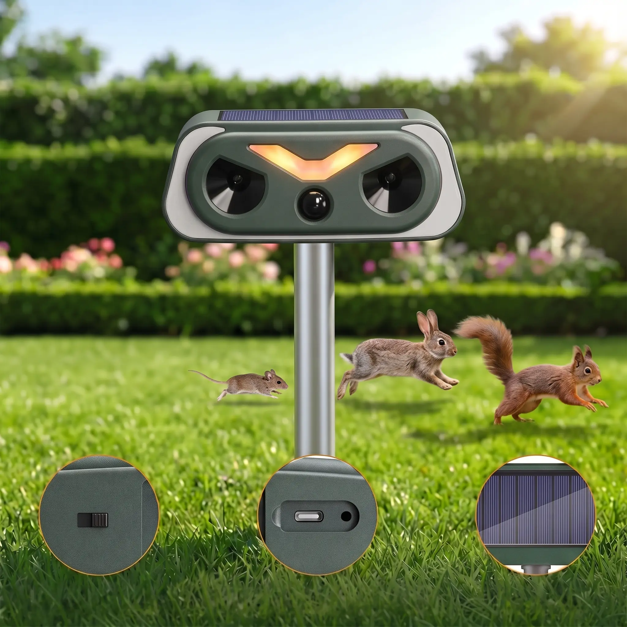 Solar Ultrasonic Animal Repellent Outdoor - IP66 Waterproof Humane 20-30Hz Low-Frequency Dog & Cat Training Aid, PIR Motion Detection, Motion Sensor Lights, Solar Charging, ABS Plastic, Easy Installation, Ideal for 9-10in Placement for Raccoons, Deer