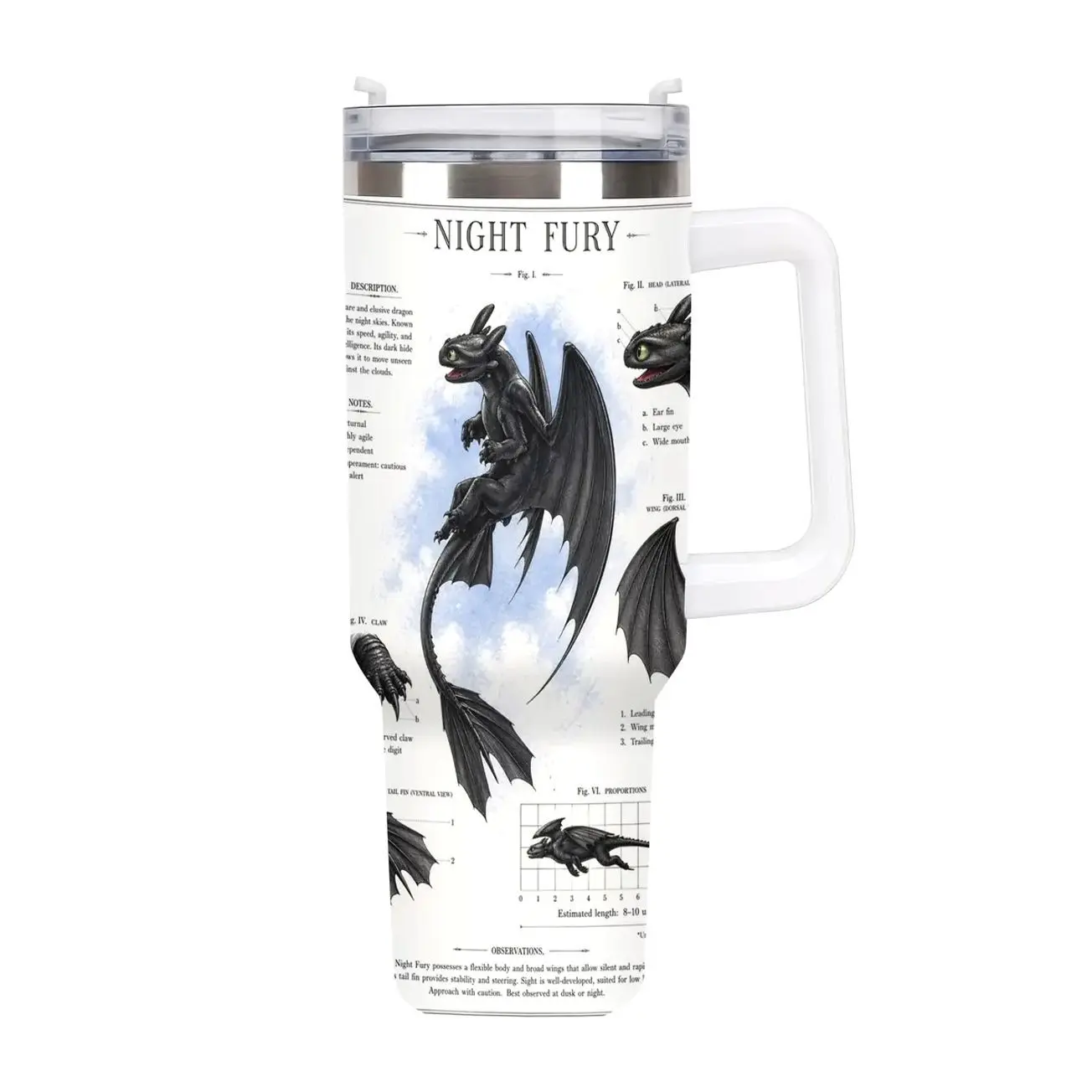 Night Fury Scientific Blueprint Tumbler – How to Train Your Dragon Anatomy Illustration Travel Mug with Handle, Toothless Dragon Field Study Tumbler