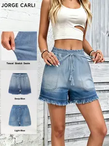 JORGE CARLI  Women's Elastic Waist Summer Cool Shorts, Frayed Edge Design, Fashionable and Versatile, Perfect for Casual Wear, Everyday