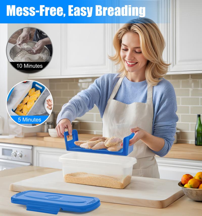 Multi-functional Batter Bowl with Lid,2-Pack Fish Batter Shaker,Better Breader Shaker Bowl with Breading Shaker Tray, Batter Bowl with Lids Shaker for Frying Chicken Wings Fish Onion Rings Veggies,Storage Box, Storage Compartment, Storage Container(Blue)