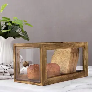 Clear Acrylic Bread Storage Box with Brown Burnt Wood Frame, 13-inches