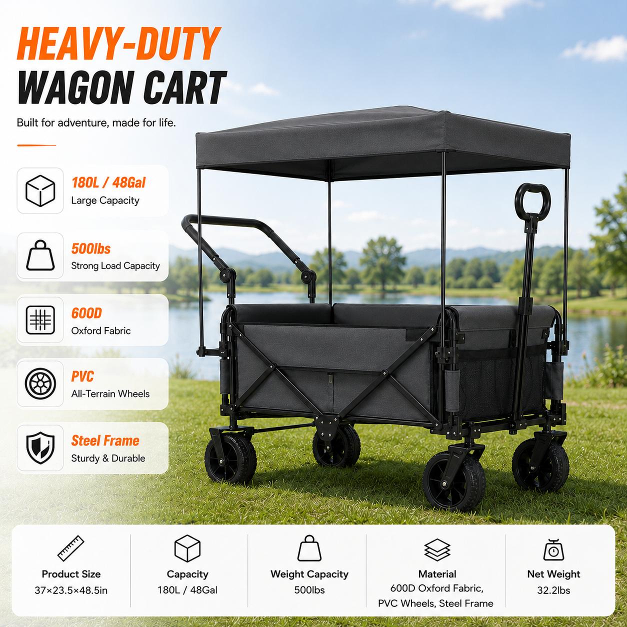 3-in-1 Collapsible Utility Wagon with 180L Capacity, Steel Frame, Bench Seat, Removable Canopy, Brake System, 500lbs Load, All-Terrain Wheels for Garden Camping-0028 3-in-1 Collapsible Utility Wagon with 180L Capacity, Steel Frame, Bench Seat, Removable Canopy, Brake System, 500lbs Load, All-Terrain Wheels for Garden Camping-0028