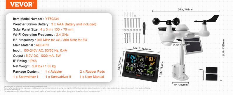 VEVOR 7-in-1 Wi-Fi Weather Station, TikTokShopBlackFriday, 7.5 in Color Display, Home Weather Station Indoor Outdoor, with Solar Wireles  VEVOR Super Brand Days Outdoor Sensor Alarm Alerts, for Temperature Humidity Wind Speed/Direction Rain