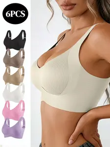 6 Pack  Woman Jelly-Friendly Wireless Bras, Breathable Comfortable Underwear, TikTok Shop Black Friday Comfort, Ribbed Adjustable Wide Straps Seamless Soft Lift Bralettes for Daily Gym Lounge Wear