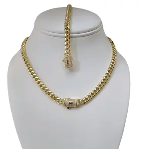 Unisex 2-Pieces Monaco Vacuum-Gold Plated 14 Karat Hypoallergenic Link Chain Set - Cuban Links Necklaces & 5A+ Canada Zircon CZ Bracelet, Mexico & Micro Chains Design Buckle, Adjustable Length, Daily Wear Fashion Accessory, Valentine's Gift,summervibes