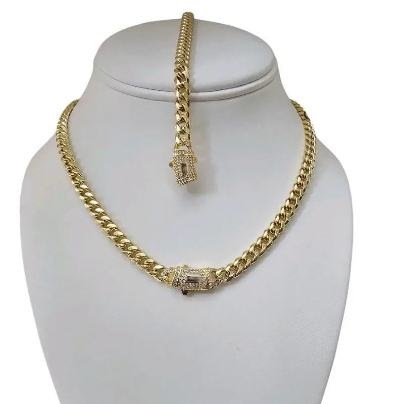 Unisex 2-Pieces Monaco Vacuum-Gold Plated 14 Karat Hypoallergenic Link Chain Set - Cuban Links Necklaces & 5A+ Canada Zircon  Bracelet, Mexico & Micro Chains Design Buckle, Adjustable Length, Daily Wear Fashion Accessory, Valentine's Gift,summervibes