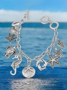 Ocean Charm Bracelet for Men & Women, Silver Color Metal Chain with Turtle Starfish Shell Seahorse Dolphin Pendants, Adjustable Beach Jewelry, Adjustable Bangle