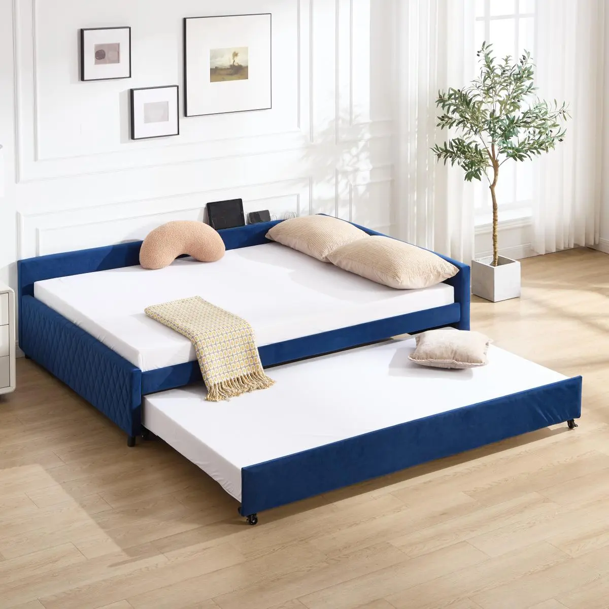 Velvet Fabric Full Size Upholstered Daybed with 2 Beds (Twin Trundle Included), Modern Corner Frame with Charging Station, Multi-Functional Sofa Bed for Living Room Guest Room, Navy, Two Beds