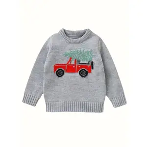 Boys' Christmas Sweater 6 Months to 3 Years Long Sleeve Crew Neck Red Truck Jacquard Knit Pullover Toddler Sweatshirt Warm Sweater Baby Boys Acrylic Material Regular Fit