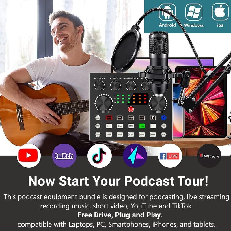 Safring Podcast Equipment Bundle, BM800 Podcast usb rechargeable Microphone Bundle with V8s Voice Changer, Condenser Microphone Recording Studio Package for Podcasting Live Streaming Singing PC Mobile TikTok YouTube dynamic mic sound card desk clamp