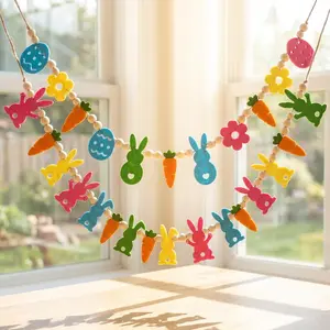 2-Piece Easter Holiday Decor Set - Festive Home Supplies with Hanging Spring Wreath, Colorful Felt Rabbit and Carrot Wooden Bead Banner for Fireplace Walls