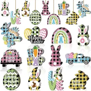 24 Pieces Easter Wooden Ornaments for Tree Happy Easter Egg Gnome Bunny Chick Cutouts Wood Hanging Ornament Spring Easter Wooden Slice Decorations for Party Home Classroom Decor, 12 Styles (Plaid)