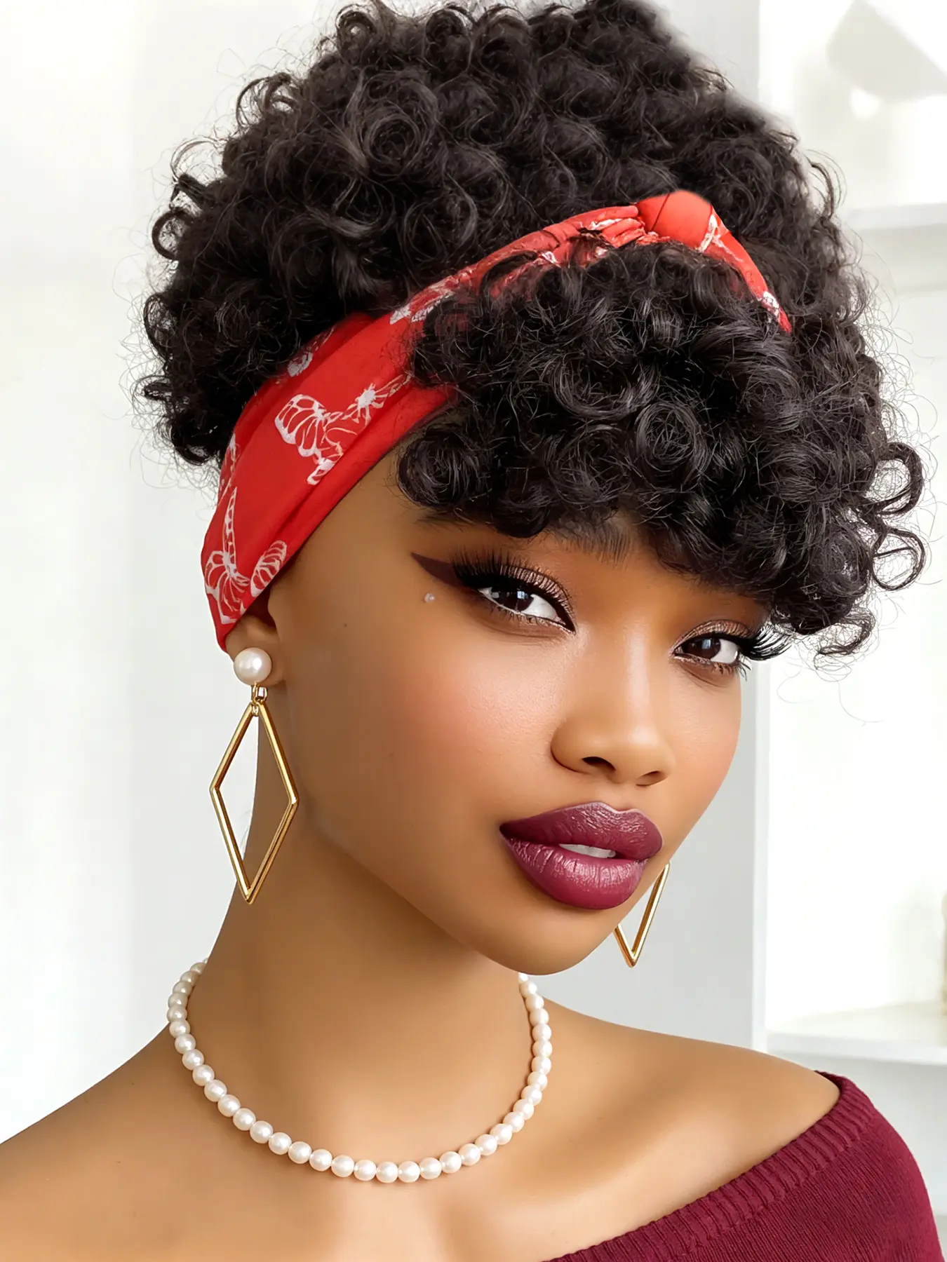 Short Curly Headband Wig Human Hair Kinky Curly Human Hair Wigs for Women Full Machine Made Wig Natural Color