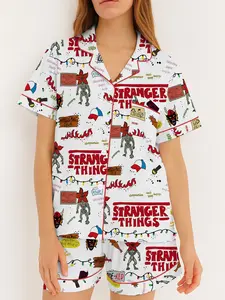 Stranger Things Women's Sleepwear Pajamas Set Pjs, Two-Piece Button Front Fitted Short Sleeve Print Top and Shorts, Casual Home Wear Loungewear, Comfortable Party