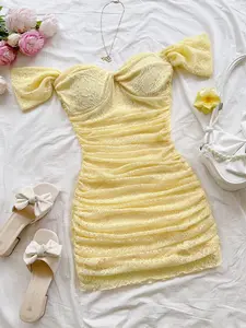 Women's Off-Shoulder Lace Bodycon Mini Dress | Ruched Backless Hollow Out Party Dress | Red, Black, & Butter Yellow Lace Sundress | Sexy Birthday & Dinner Date Outfit | Summer Music Festival Boho Style | Snatched Fit Ruched Knit Lace Mini Dress